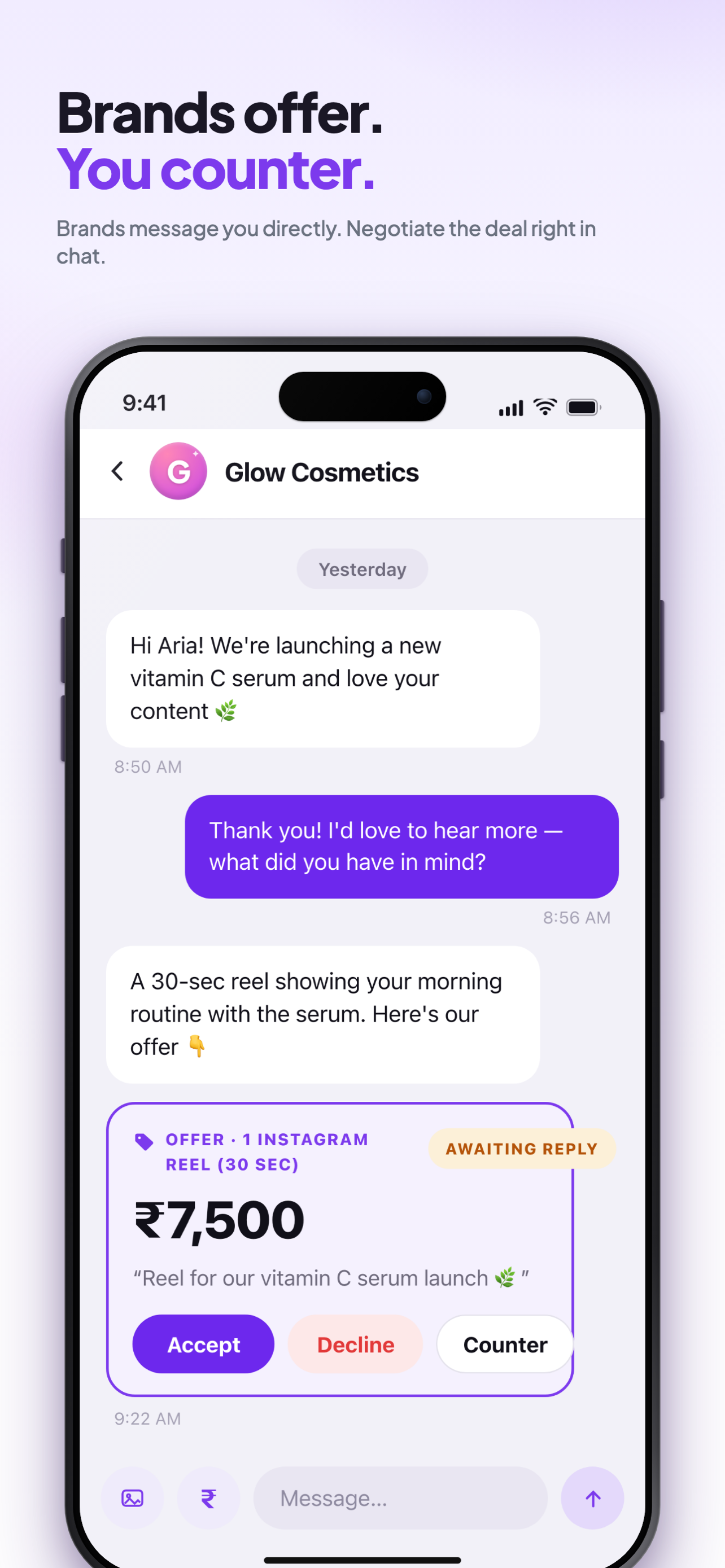 Chat with a formal offer card showing price, deliverable and accept, decline or counter buttons