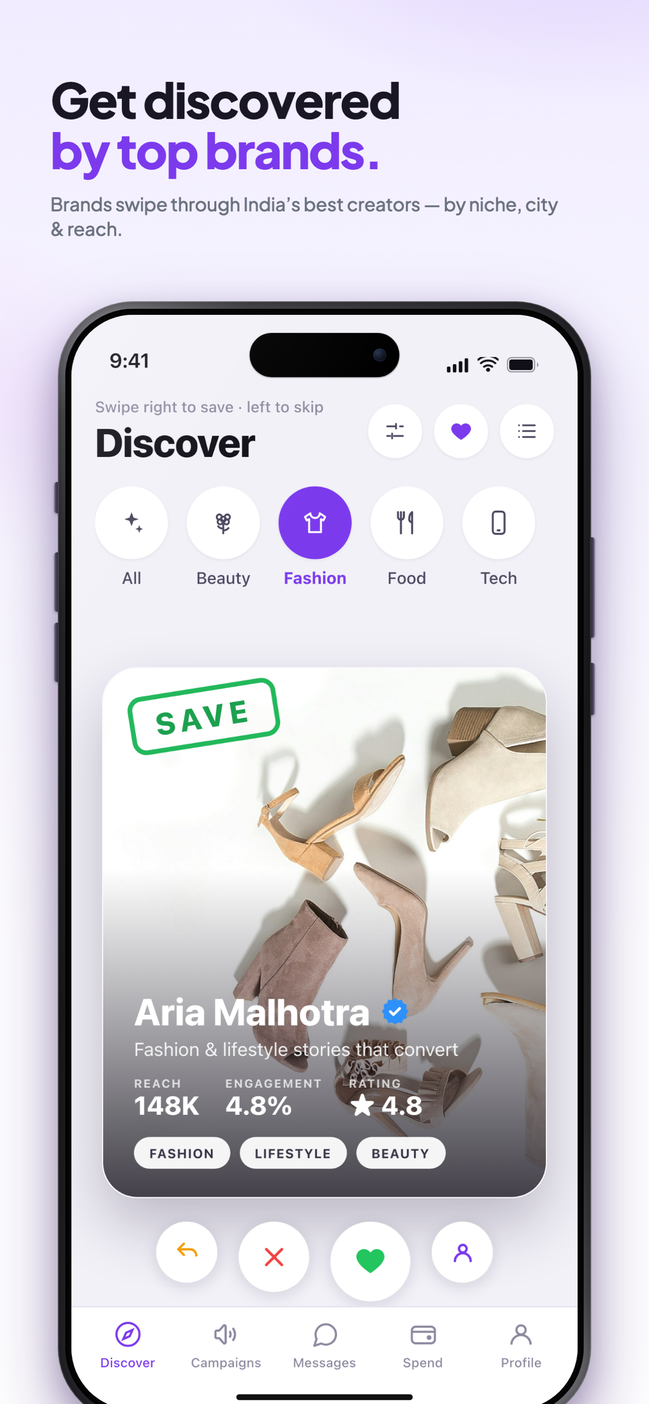 InfluencerMetric app Discover screen showing a creator card with reach, engagement and rating