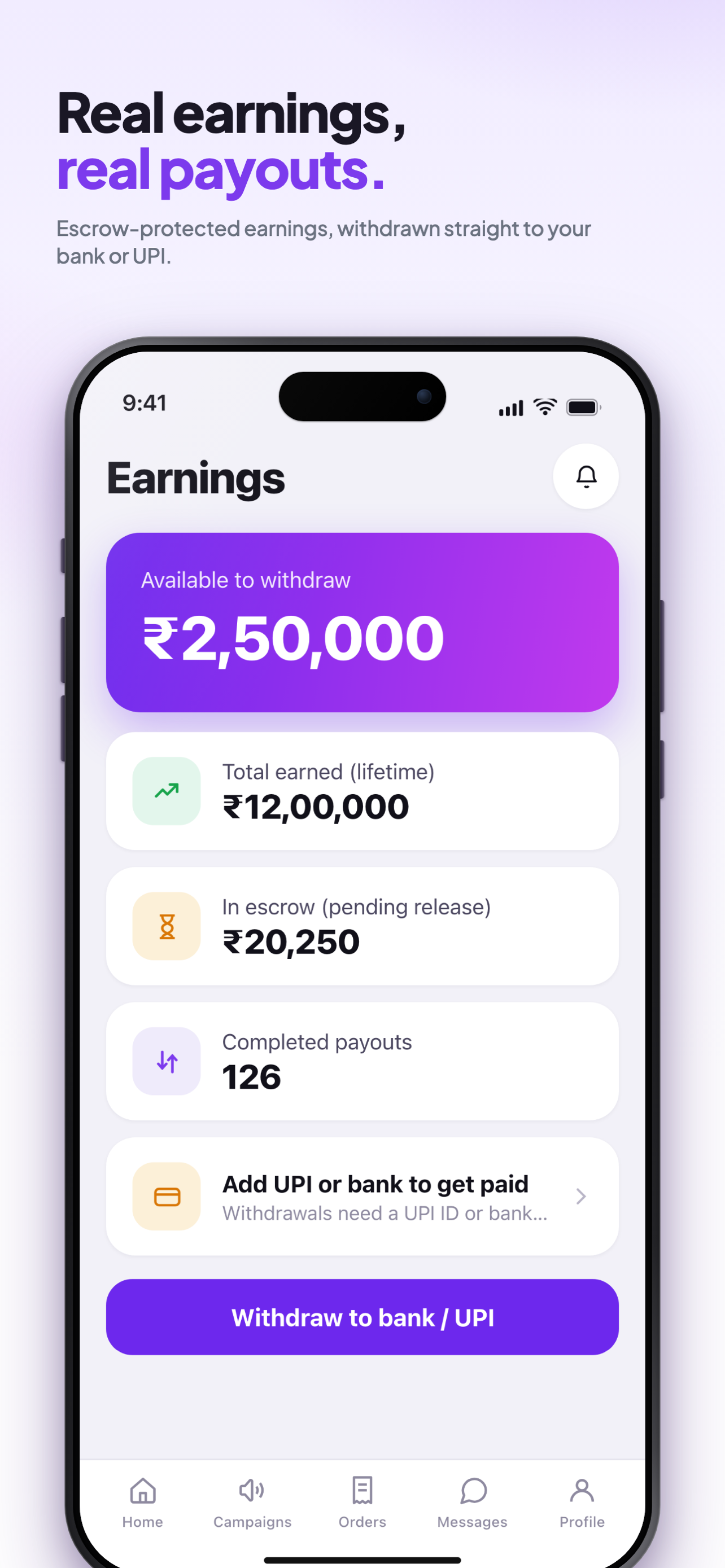 Earnings screen showing available balance, lifetime earnings, escrow held and completed payouts