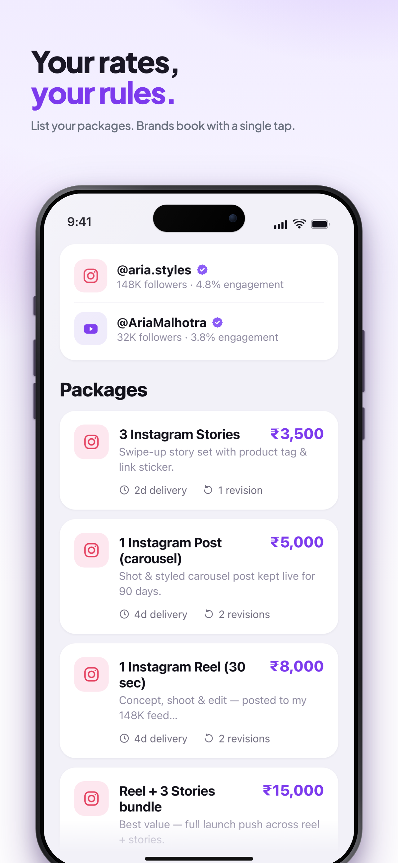 Creator packages and pricing in the InfluencerMetric app