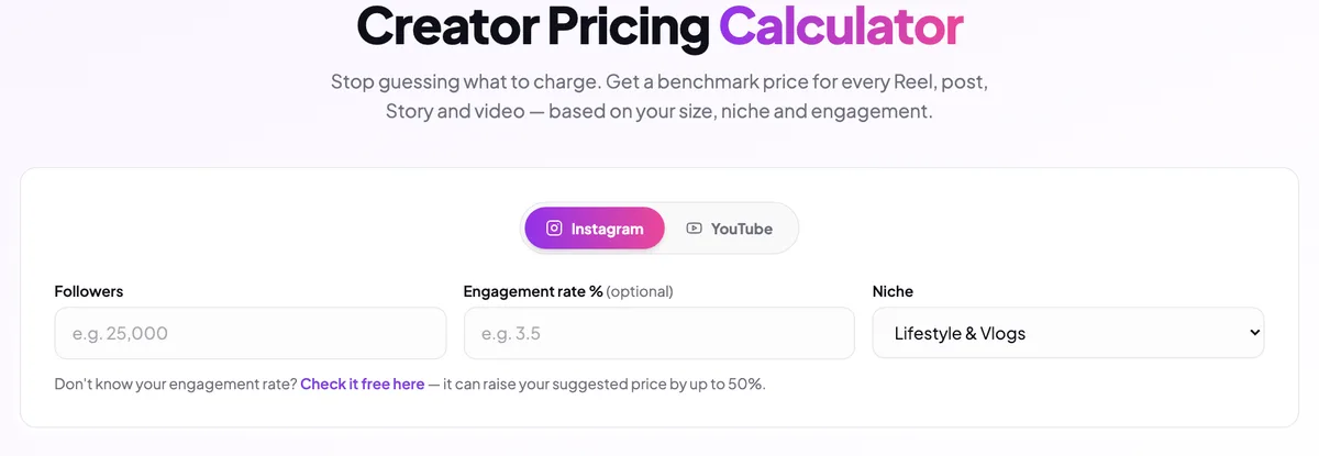 InfluencerMetric's free Creator Pricing Calculator