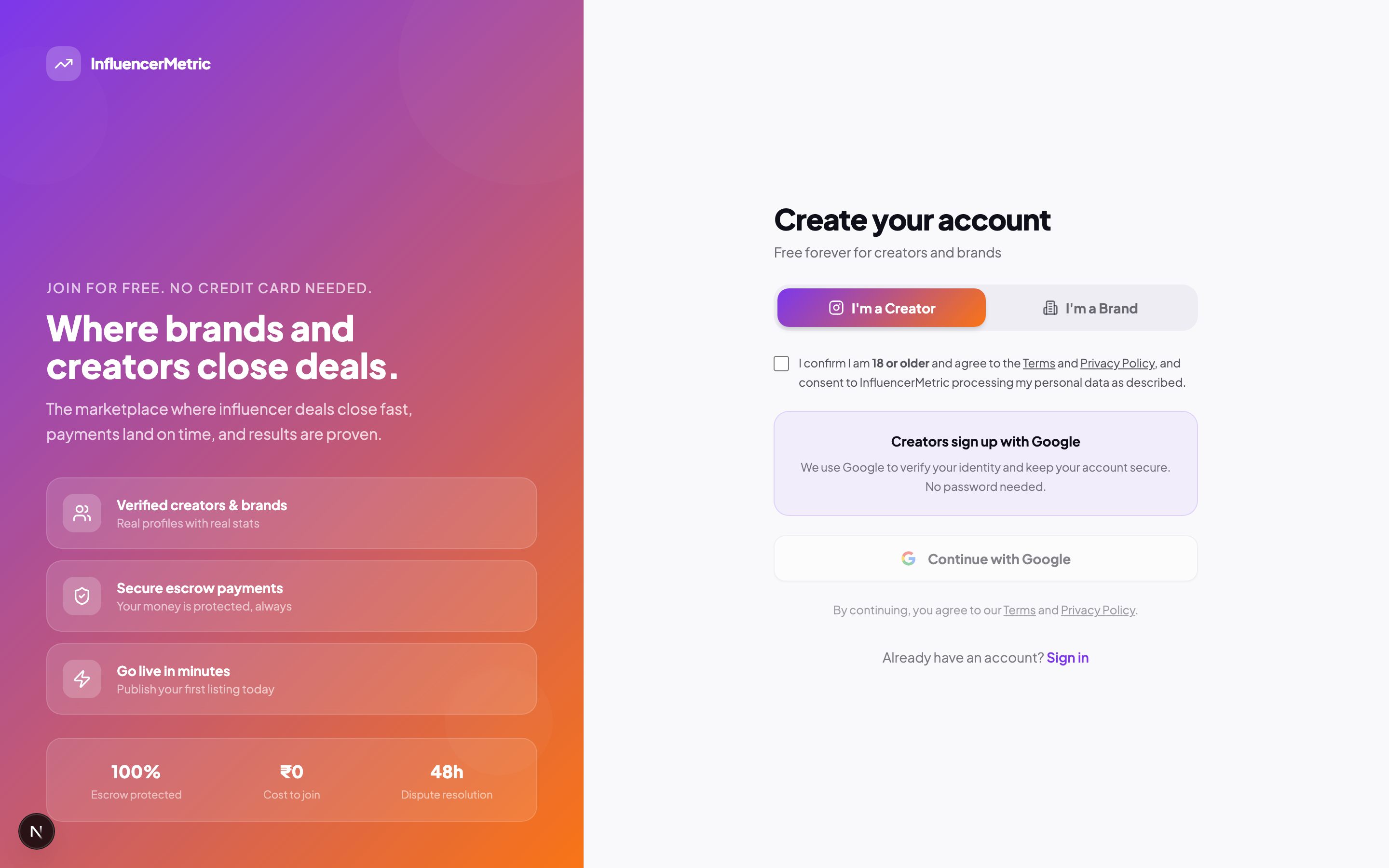 InfluencerMetric creator sign-up page with the I'm a Creator option selected