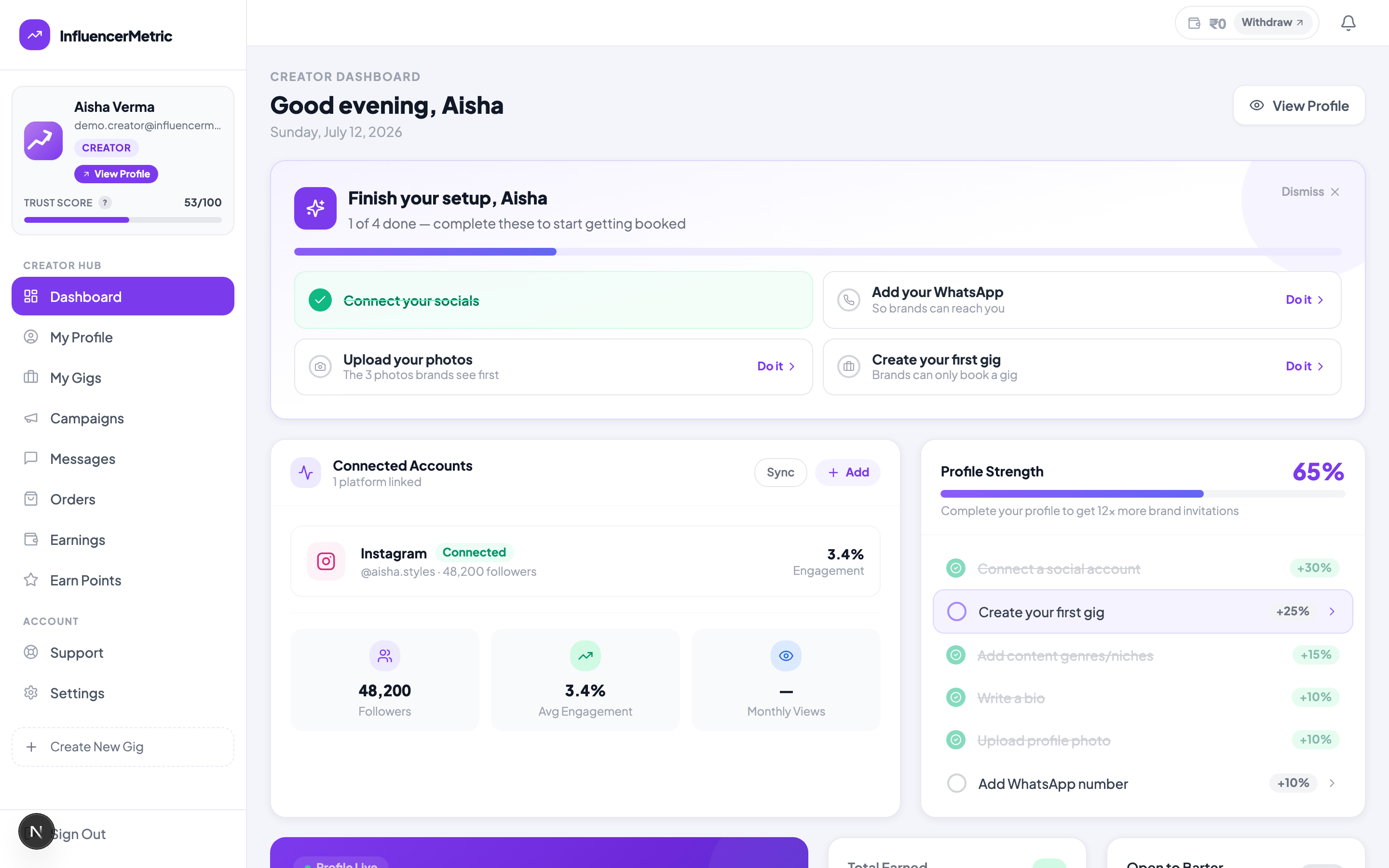Creator dashboard on InfluencerMetric showing the setup checklist