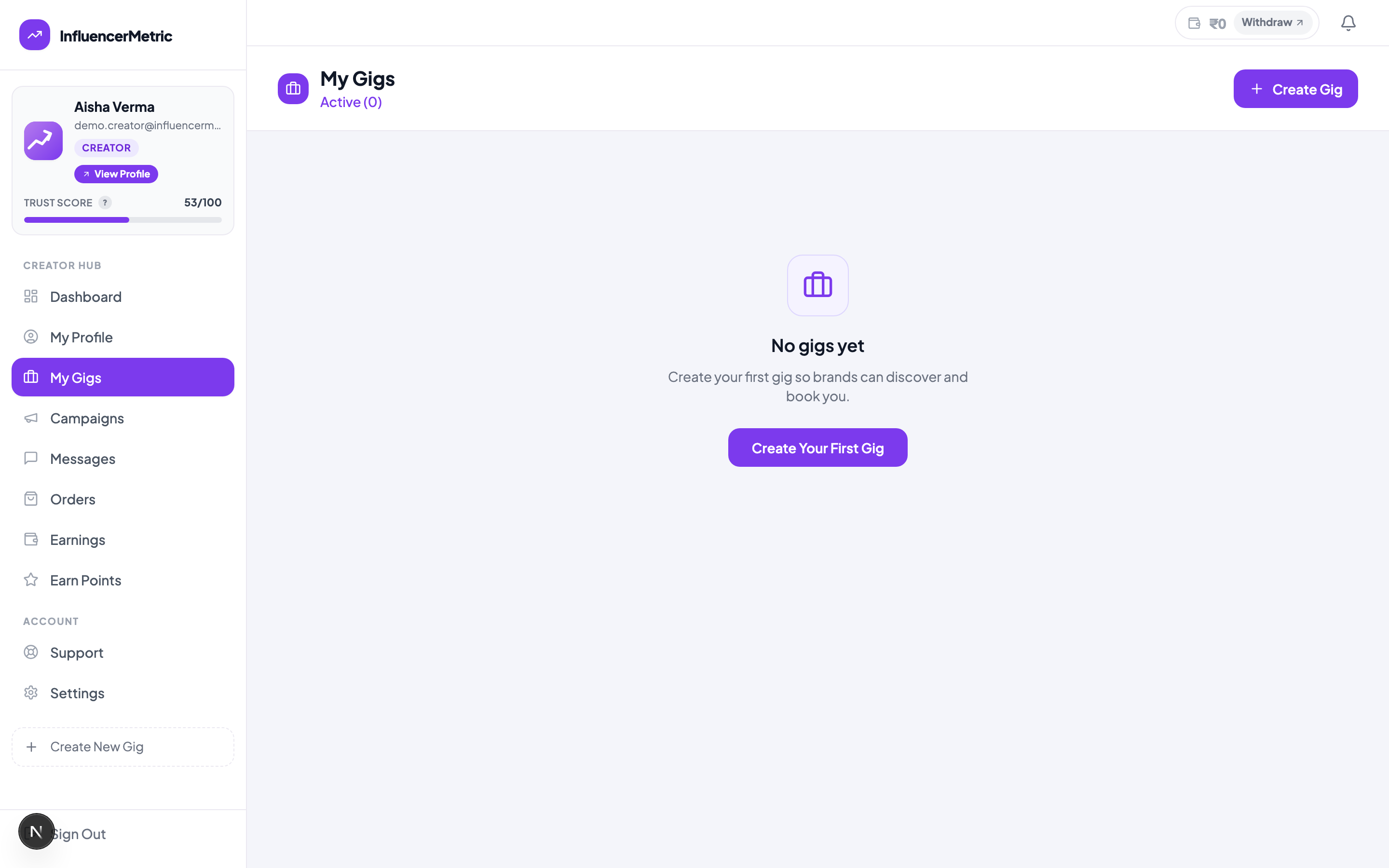 My Gigs page with the Create Your First Gig button