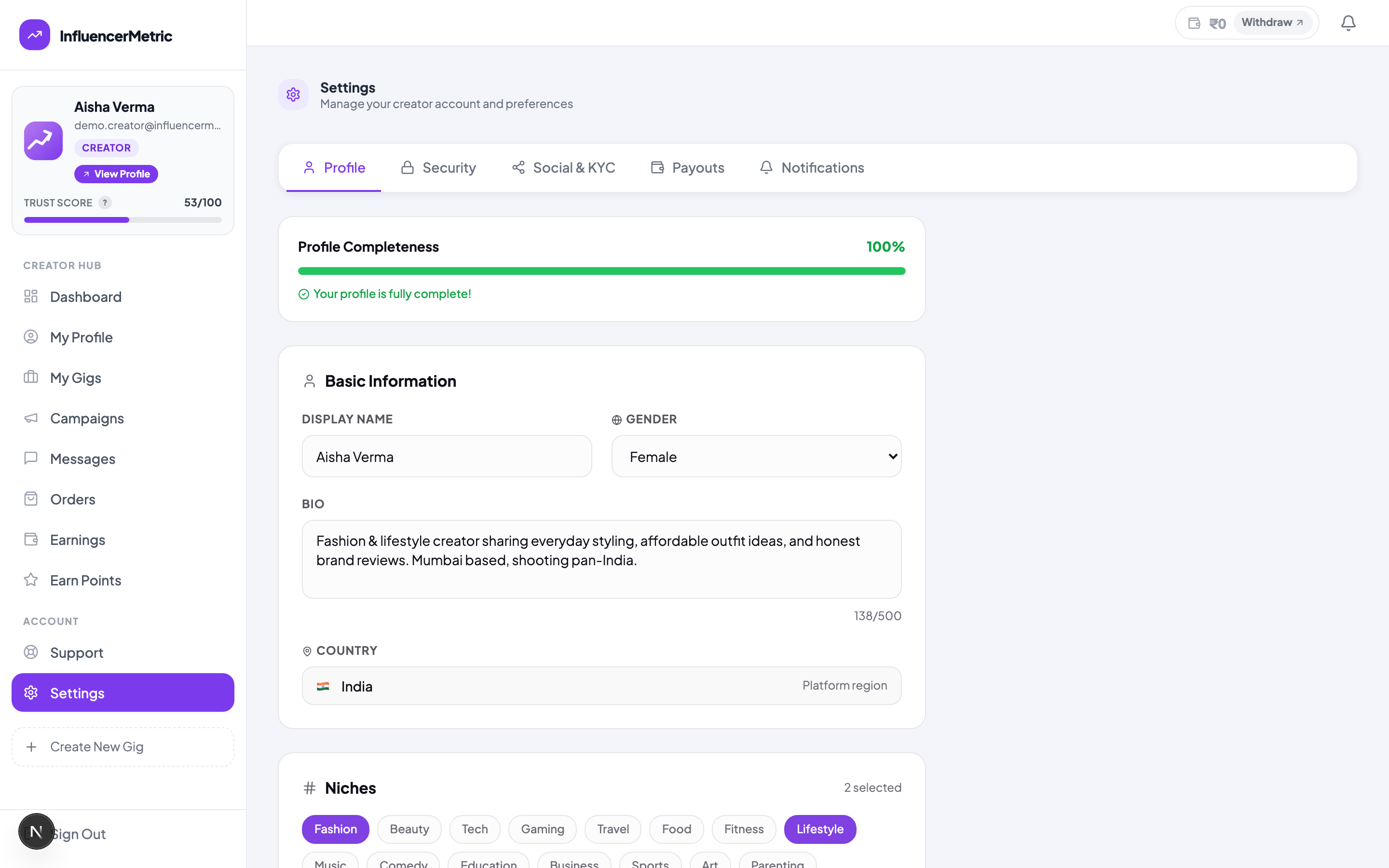 Settings page showing Profile Completeness at 100% with bio and niches filled