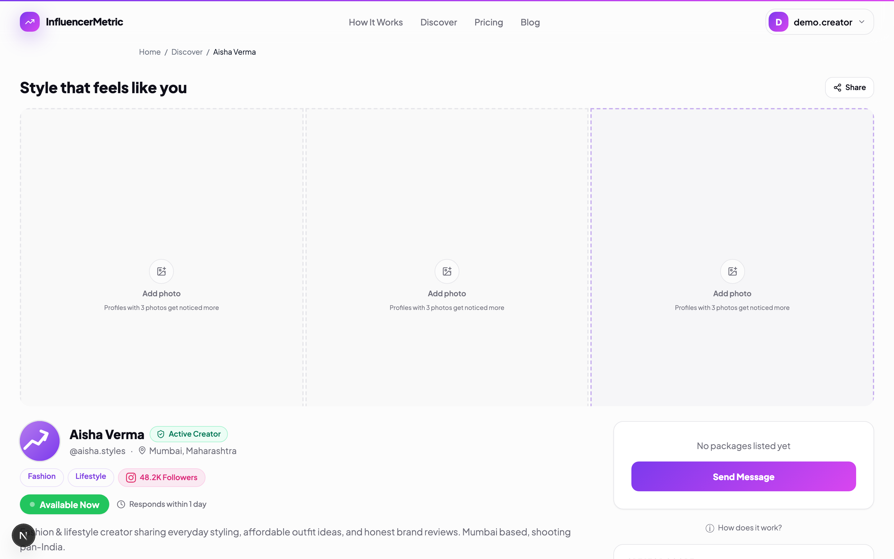 Public creator profile page with the three-photo hero grid and booking panel